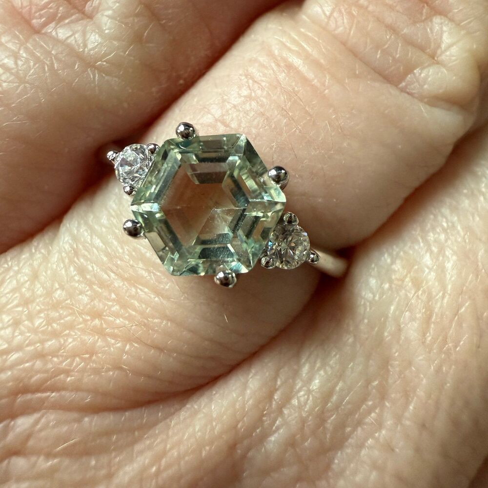 Green Amethyst White Gold Plated Sterling Silver Ring